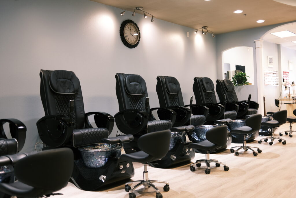 Hollywood Nails' pedicure section and showing the west salem salon' interior.